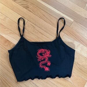 Black Crop Tank Top with Red Dragon Graphic